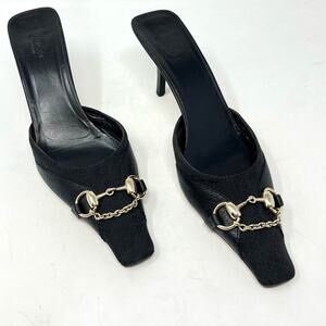 Gucci GG Monogram Horse-bit Chain Mule Heel Black Canvas Leather size 10.5 US
